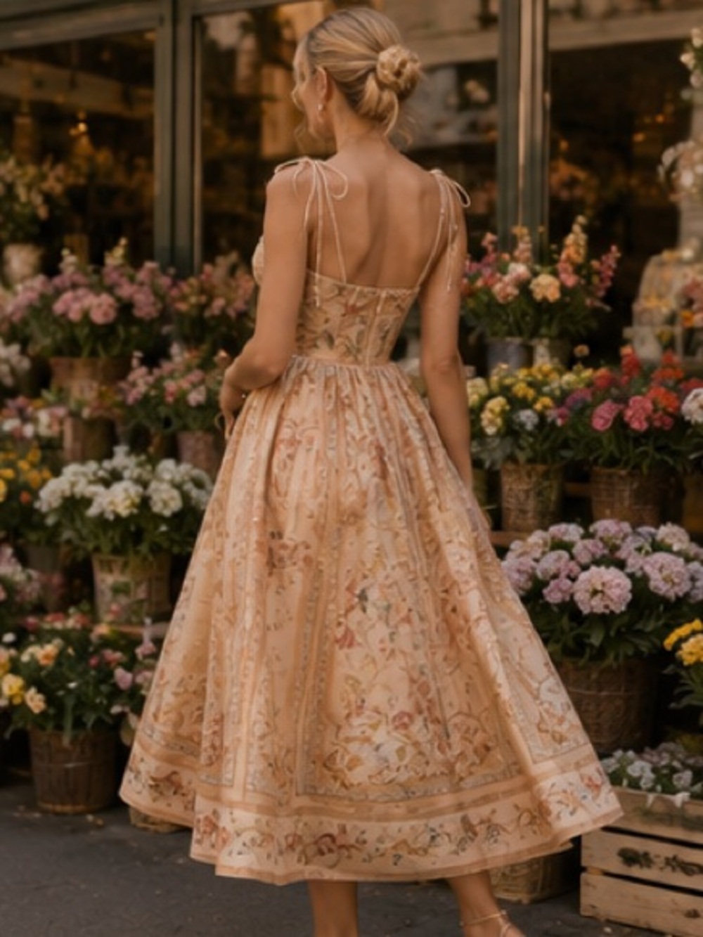 Zimmerman Elegant Peach Floral Midi Dress with Corset Bodice - Picture 6 of 11